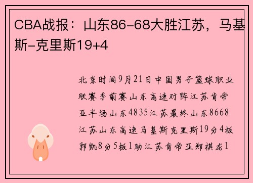 CBA战报：山东86-68大胜江苏，马基斯-克里斯19+4